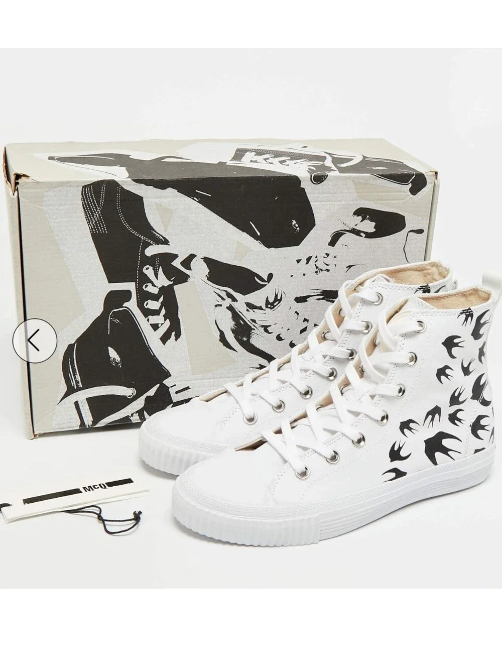 McQ by Alexander McQueen Swallow Swarm Vulc White Canvas High Top Sneakers